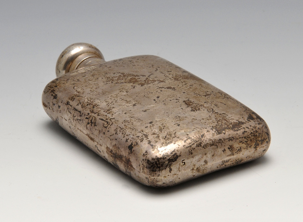 A George V silver hip flask, of plain oblong form having hinged domed cover. Hallmarked Robert