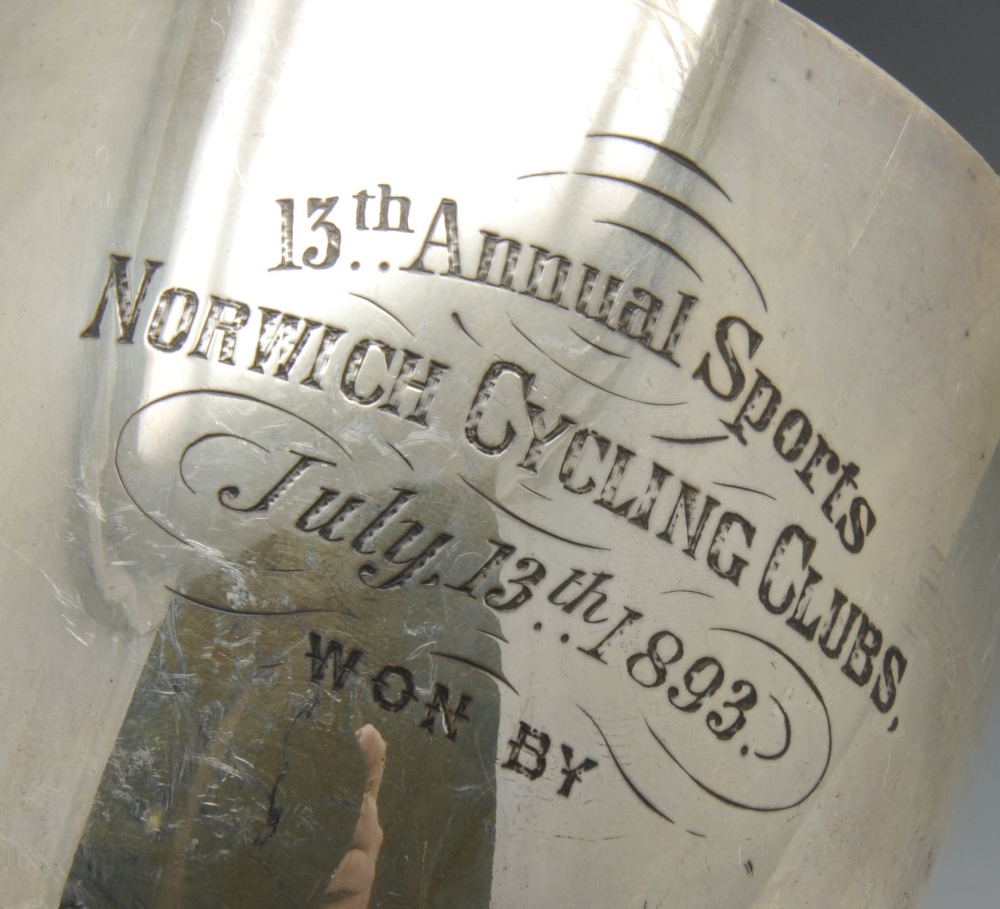 A Victorian silver trophy goblet for Norwich Cycling Club, of typical form and having beaded rim - Image 3 of 9