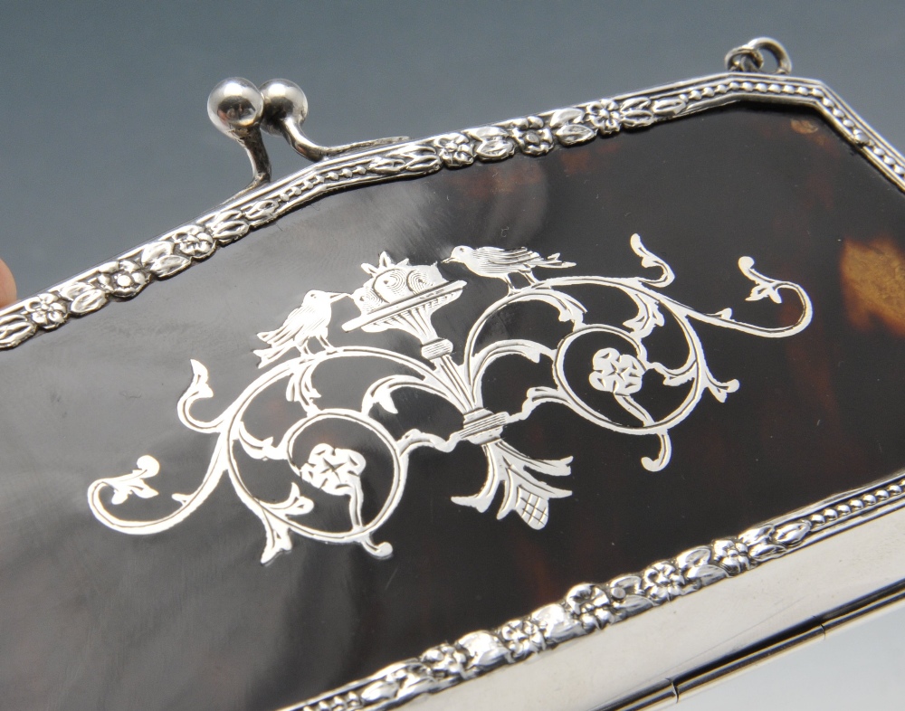 An early twentieth century silver mounted tortoiseshell purse, having scrolling foliate and bird - Image 2 of 5