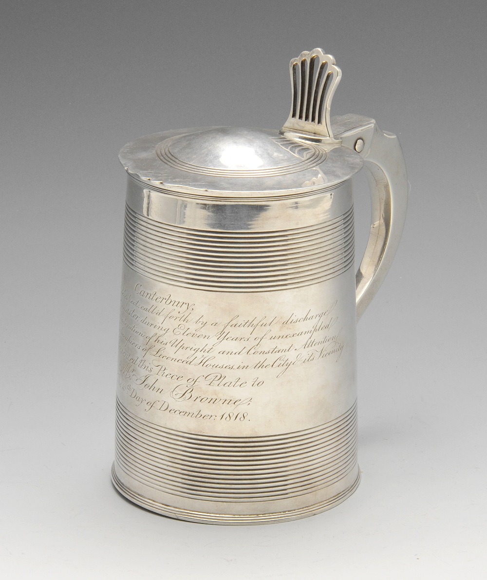 A George III silver tankard, the slightly tapered form with reeded banding, personal inscription and
