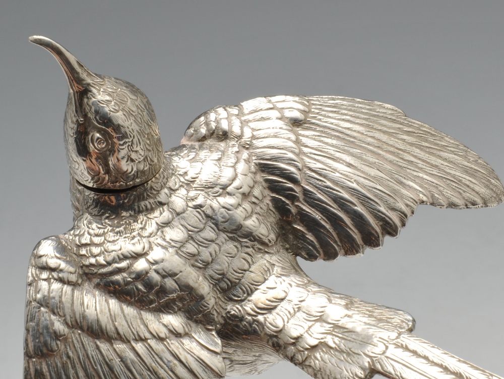 A nineteenth century Dutch silver pepper modelled as a long tailed bird with realistic feather - Image 4 of 4