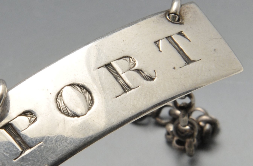 A George III silver wine label of plain oblong form engraved 'PORT', and suspended on belcher chain. - Image 3 of 3