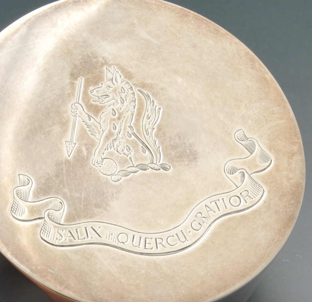 A modern silver box of circular form, the cover with crest and motto engraving and opening to a - Image 2 of 5