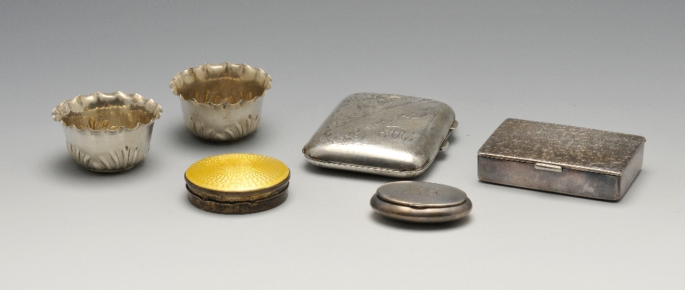 A selection of Victorian and later silver novelty items, to include a pair of open salts having