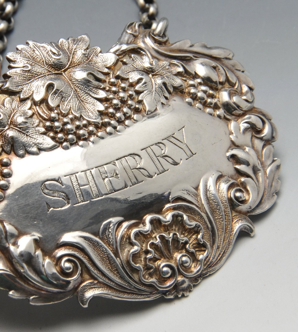 An early Victorian silver Sherry label with fruiting vine surround and suspended on belcher link - Image 2 of 3