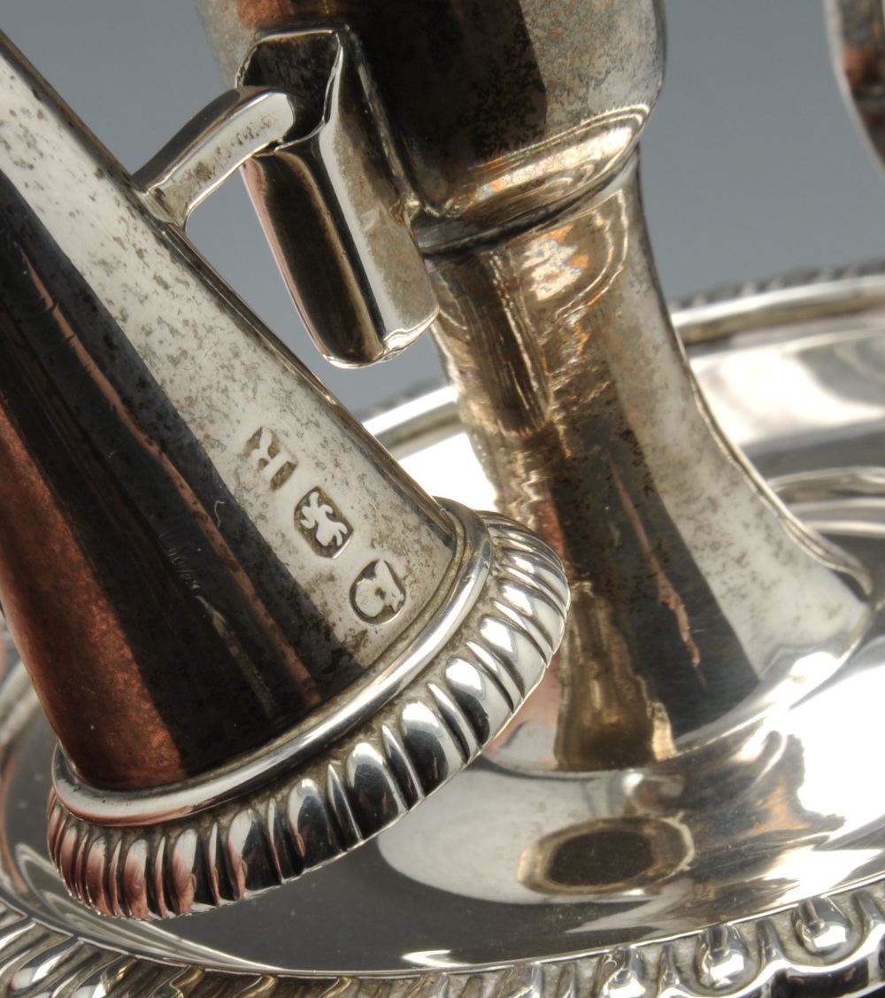 A George III silver desk stand, the oblong form standing on paw feet with ovolo border, dual - Image 2 of 6