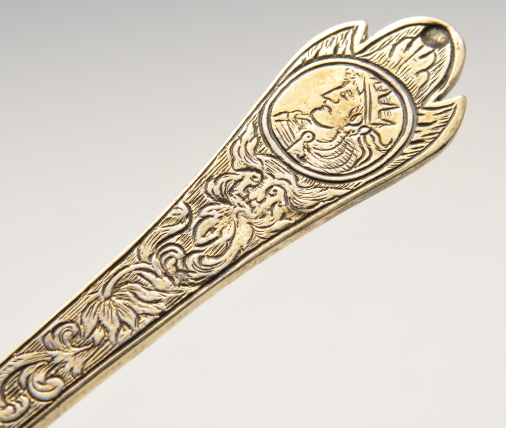 An Edwardian imported replica silver-gilt Trefid spoon with foliate engraved stem with stylised - Image 4 of 8