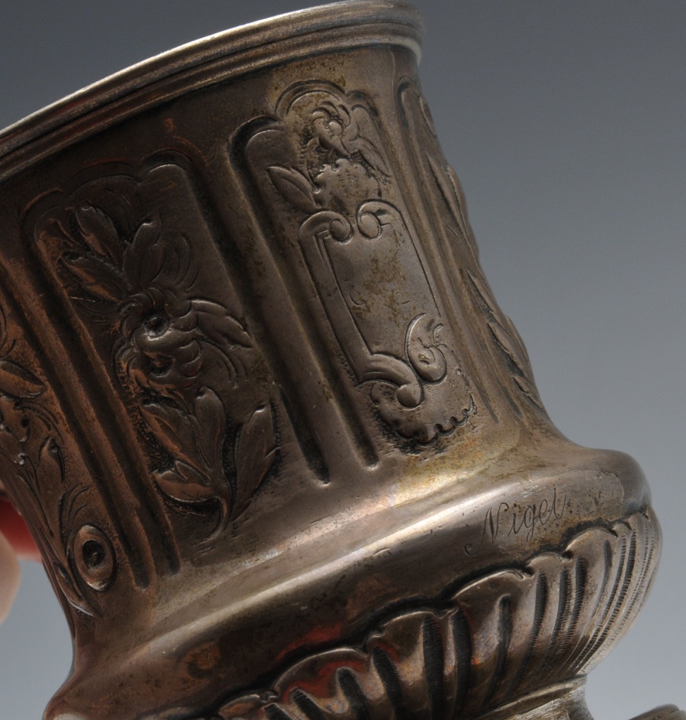 A George IV silver christening mug decorated with embossed floral and foliate panels and having a - Image 3 of 10