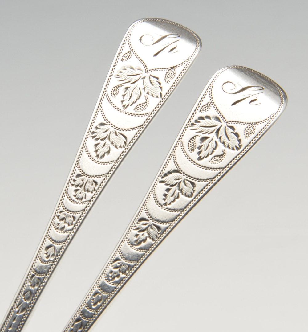 A set of six George III silver Old English teaspoons with bright-cut foliate stems and initialled - Image 2 of 6