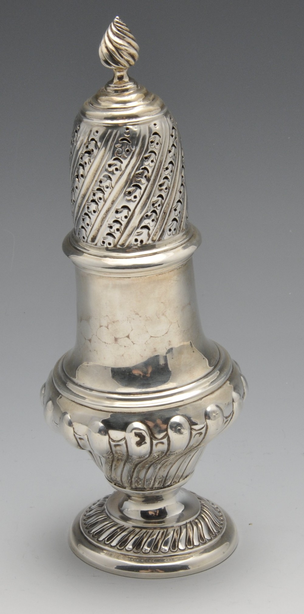 A George III silver cream jug, the bellied form with oblique and floral embossing and sparrow - Image 5 of 12