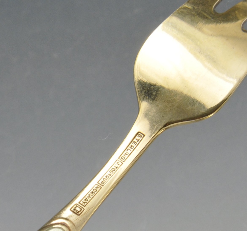 A Norwegian silver-gilt and enamel three-prong fork and spoon, having oval panels of pale green - Image 3 of 4