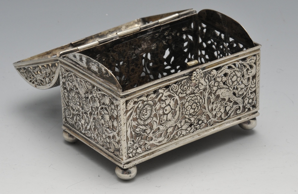 A continental box of casket form, the oblong open-work form depicting birds amidst floral scrolls, - Image 2 of 4