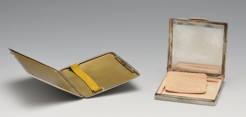 An 1930's silver cigarette case, of bulging rectangular form having engine turned panel exterior - Image 2 of 4