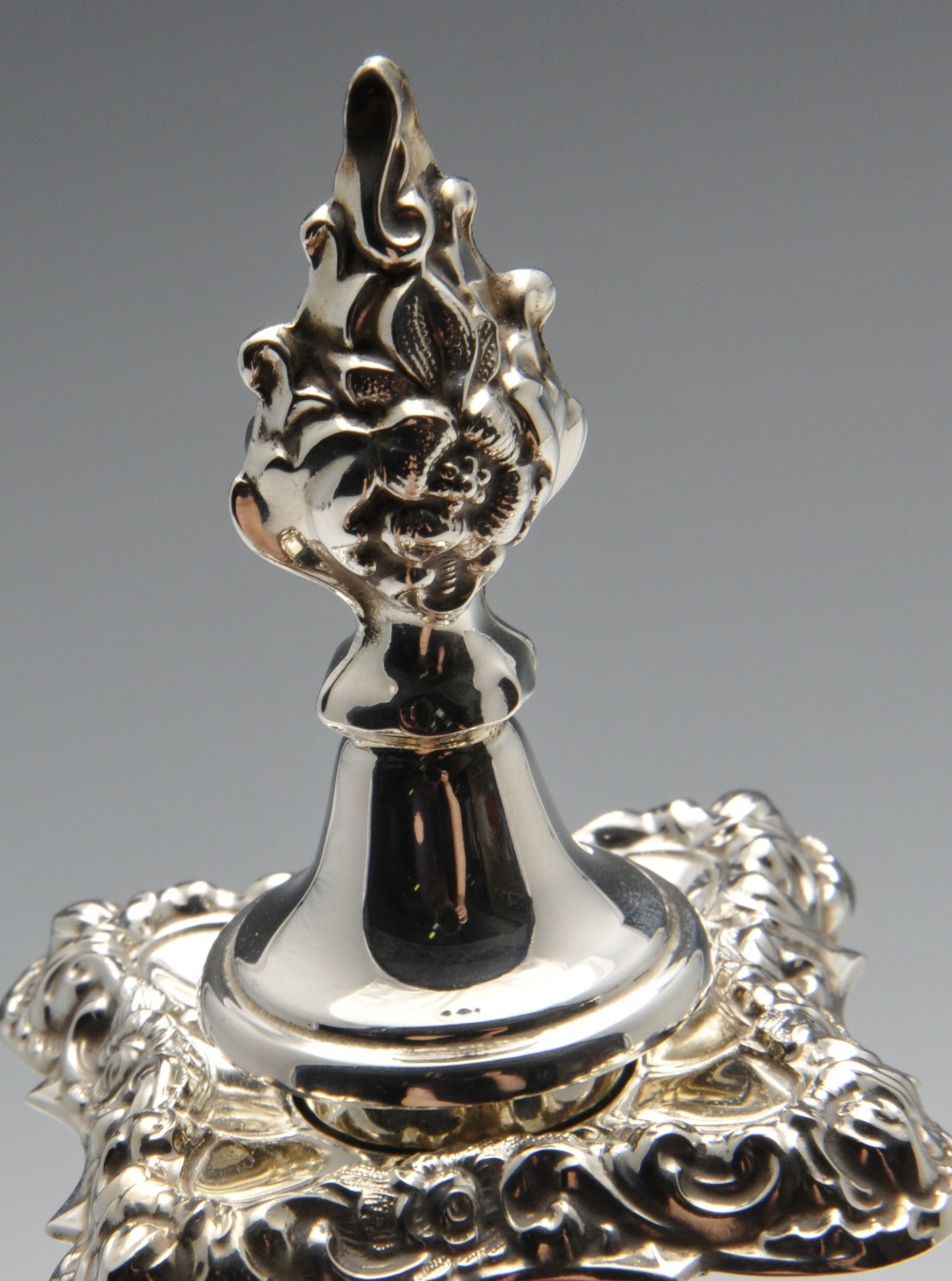 A modern pair of silver twin branch candelabra, each with shaped square base rising to a knopped, - Image 6 of 6