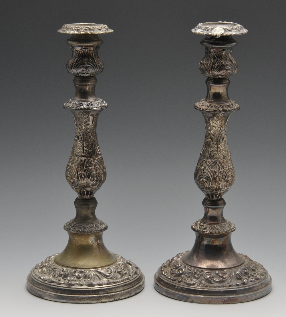 A pair of silver plated twin branch candelabra, each with a circular weighted base rising to a - Image 6 of 9