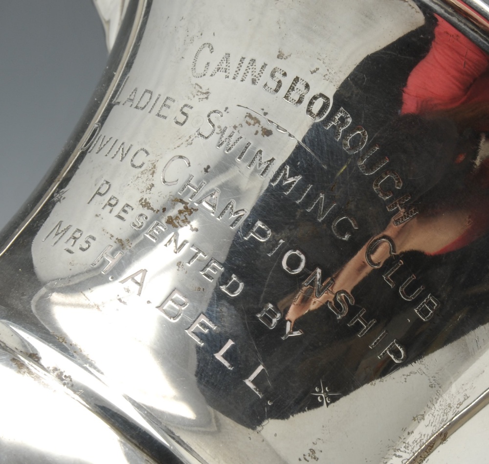 A 1920's silver twin-handled trophy cup, of campana form with presentation engraving to one side, - Image 3 of 8