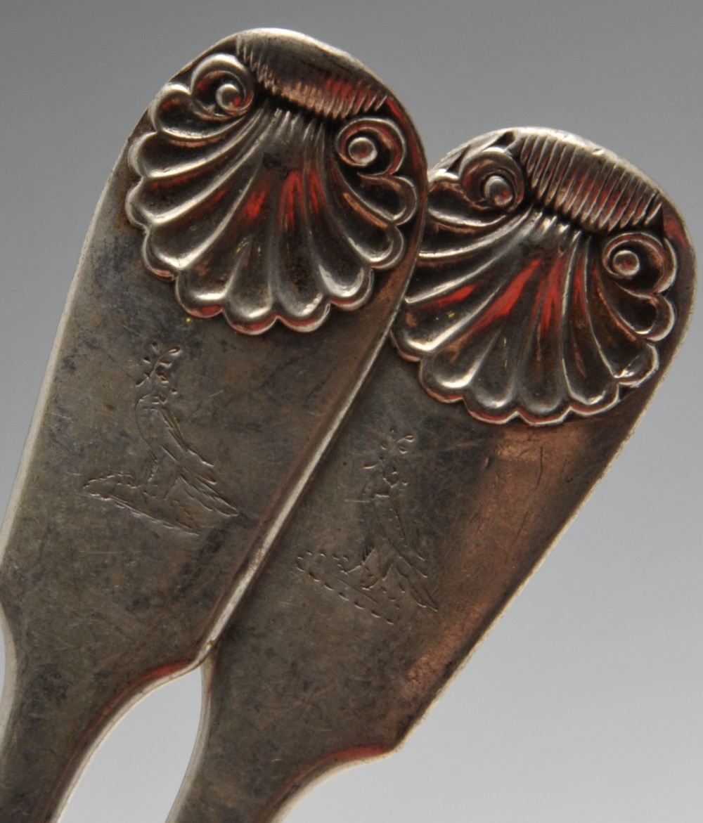 Four Victorian Scottish silver table forks and five table spoons in Fiddle Shell pattern with - Image 8 of 8