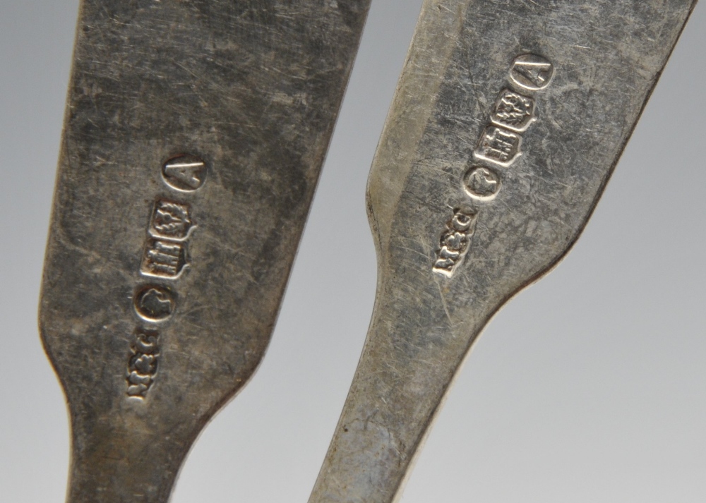 Four Victorian Scottish silver table forks and five table spoons in Fiddle Shell pattern with - Image 2 of 8