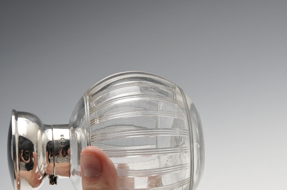 A pair of 1920's scent bottles, each with globular glass body rising to a plain silver collar and - Image 4 of 5