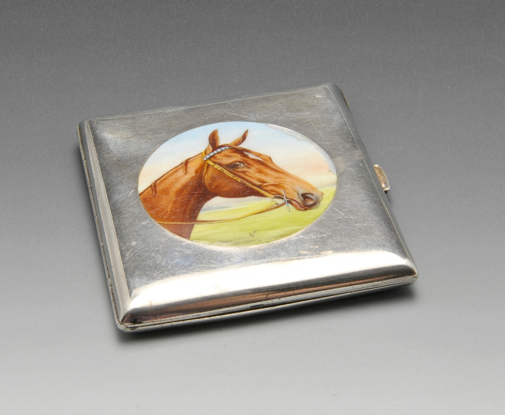 A continental cigarette case, the rounded rectangular form with circular enamel panel to the front