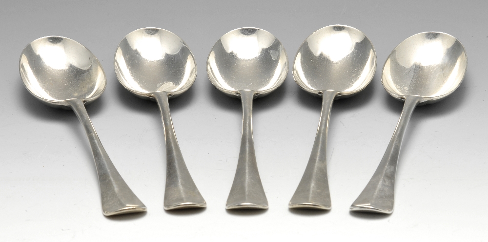 A set of five 1930's silver Hanoverian pattern table spoons. Hallmarked Mappin & Webb Ltd.,