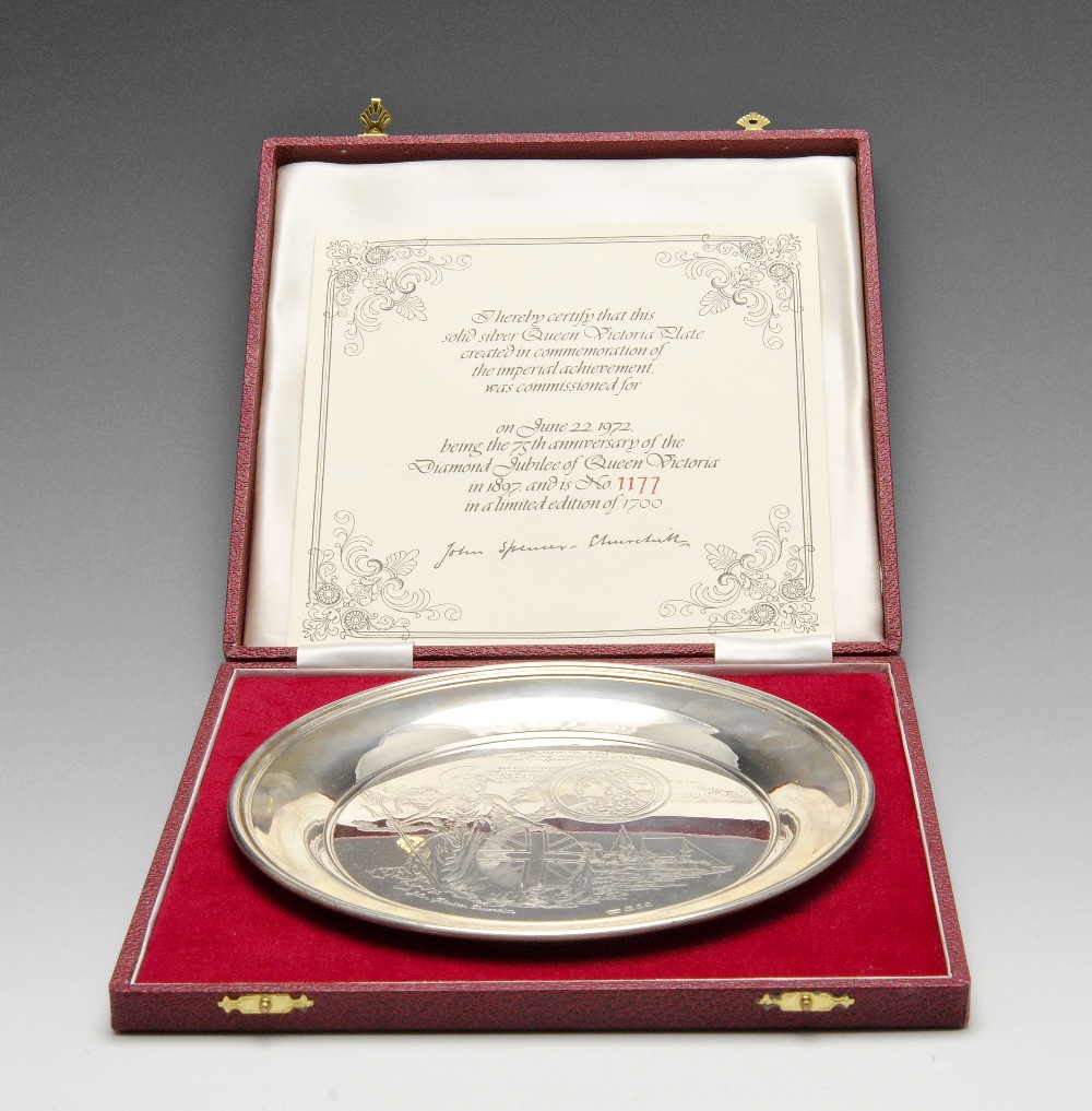 A cased 1970's limited edition silver dish commemorating the 75th anniversary of the Diamond Jubilee