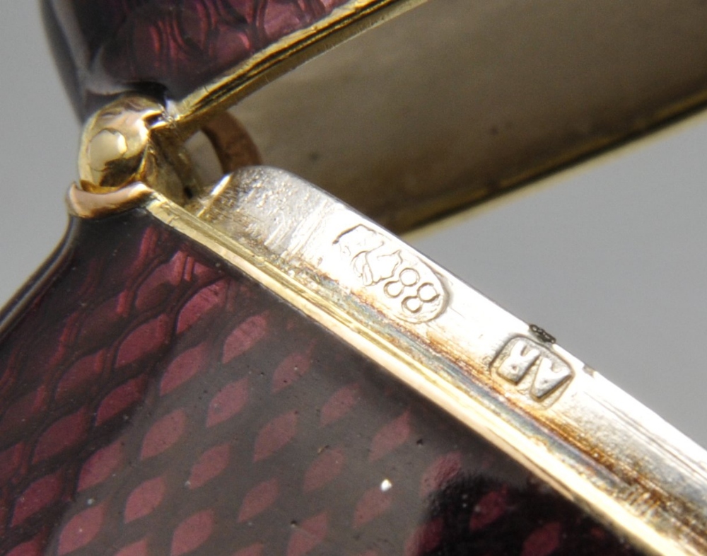A turn of the century Faberge vesta case, the oblong form with purple guilloche enamel and - Image 3 of 5