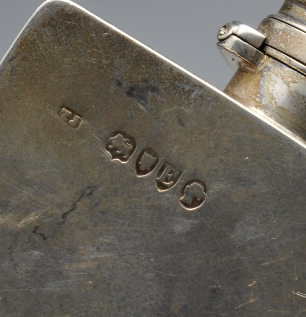 A Victorian silver hip flask, the oblong form with applied shield, personal inscription and hinged - Image 2 of 6