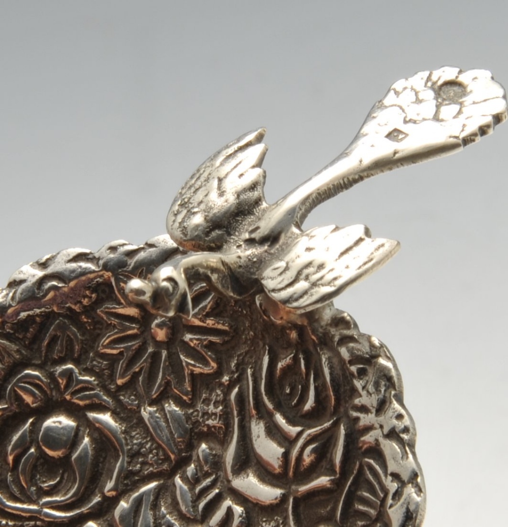 An Egyptian silver trinket dish, florally decorated and with peacock handle, maximum length - Image 4 of 9