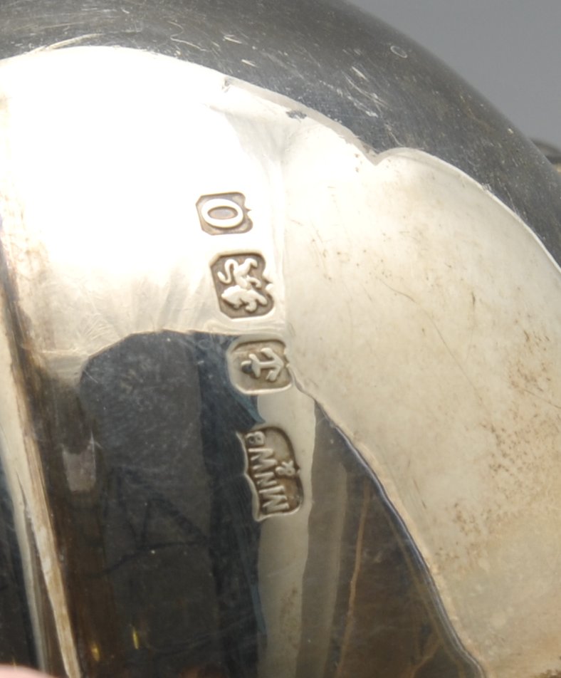 A 1930's three piece silver tea service, comprising teapot milk jug and twin handled sugar bowl, - Image 6 of 9