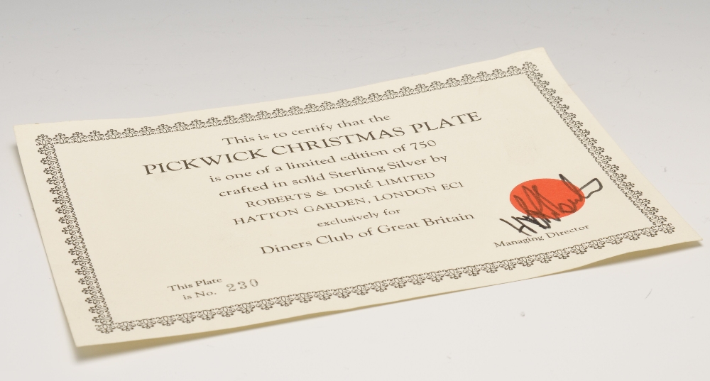 A cased 1970's limited edition silver dish, of plain circular form having central Pickwick Christmas - Image 7 of 7