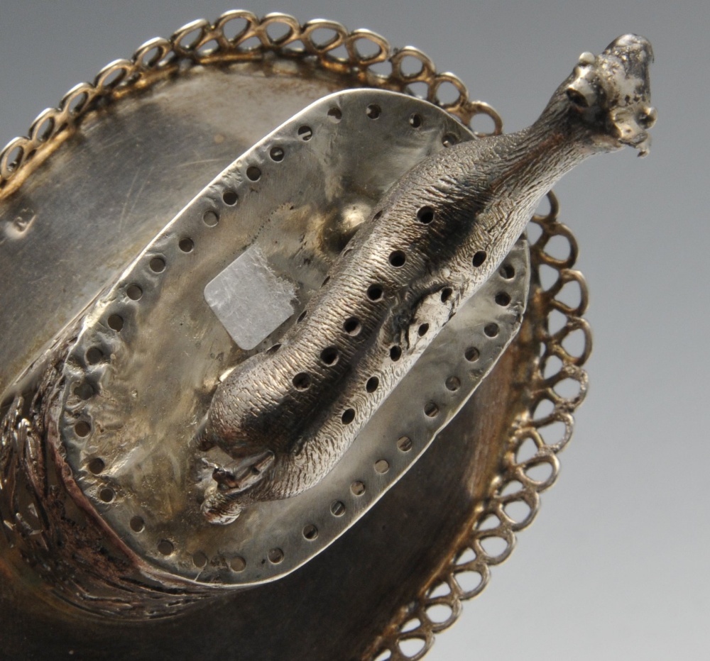 A continental toothpick holder, probably Portuguese, of oval form rising to a florally pierced - Image 4 of 5