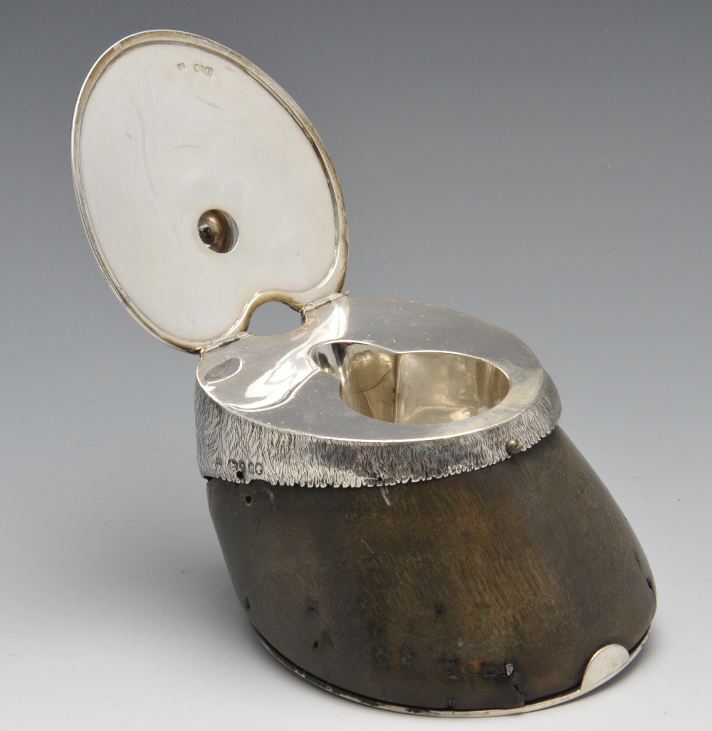 An early Victorian silver mounted hoof inkwell, the hinged lid engraved with floral motifs and - Image 2 of 7