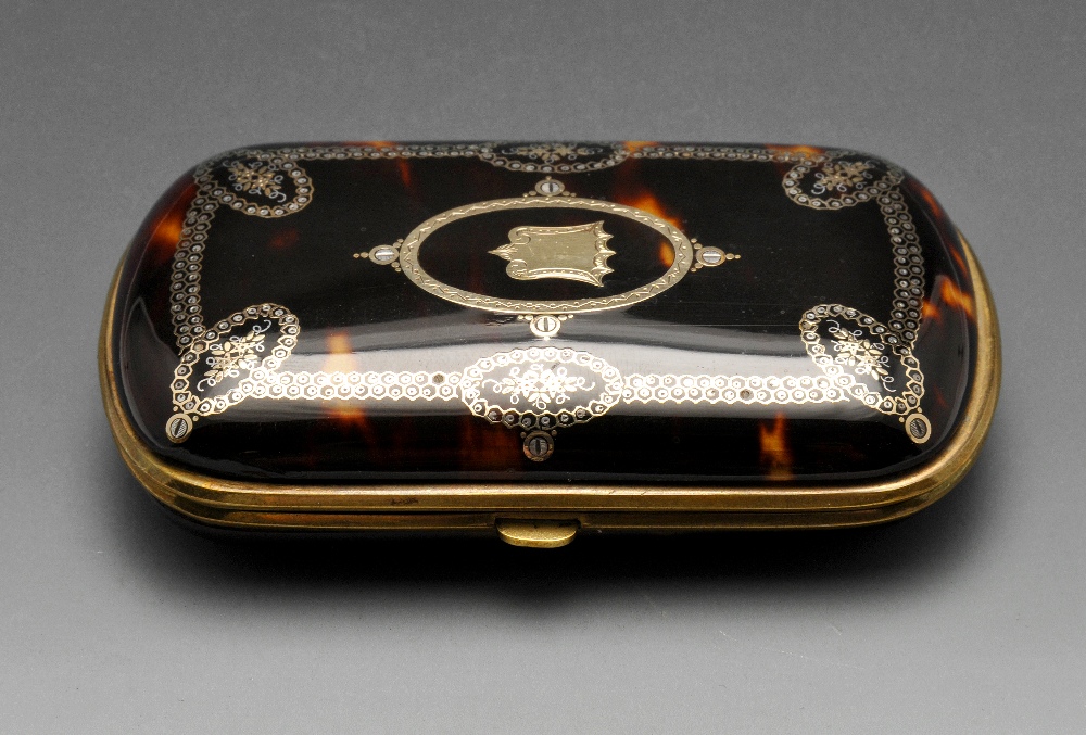 A French inlaid tortoiseshell purse, having vacant shield cartouche within elaborate foliate