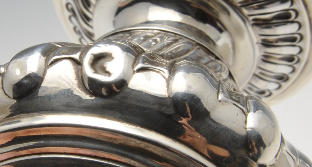 A George III silver cream jug, the bellied form with oblique and floral embossing and sparrow - Image 11 of 12