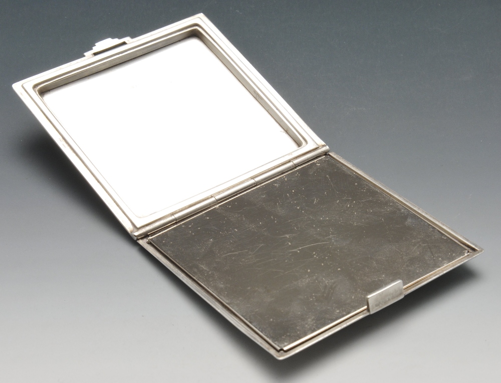 A Danish import Art Deco silver compact, of plain square form having stepped reeded edge and - Image 2 of 5