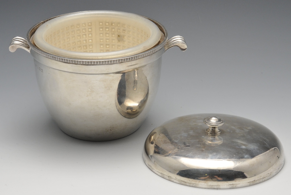 A modern silver mounted ice bucket and cover, the plain slightly tapering form with scroll - Image 2 of 8