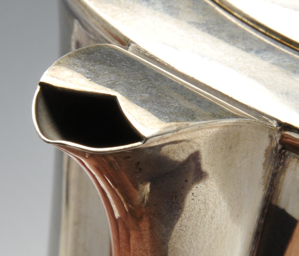 A 1940's silver hot water pot, of trumpet form having angular hardwood handle and raised upon a - Image 4 of 4