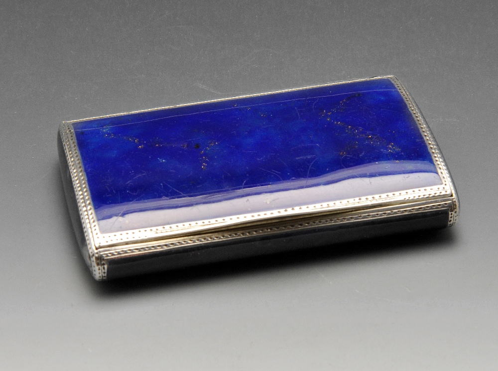 A German silver and enamel snuff box, the curved rectangular form having punched and stippled