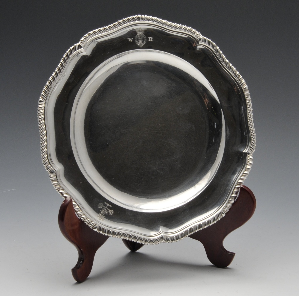 A fine set of twelve George III silver dinner plates, each of shaped circular form with gadroon - Image 2 of 6