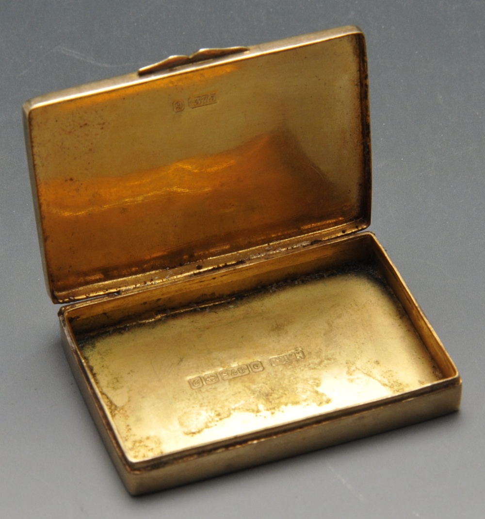 A 1960's 9ct gold small snuff or pill box, of plain rectangular form having engraved initials to the - Image 2 of 4