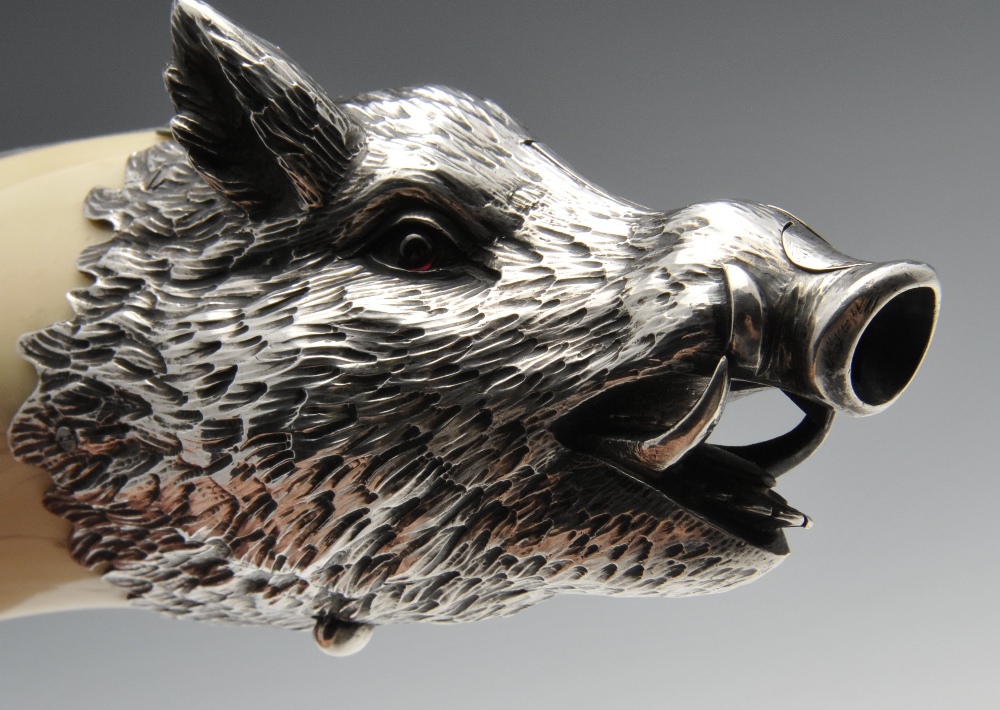 An Austrian silver mounted boar tusk cigar cutter, circa 1900, the realistically modelled boars head - Image 2 of 9