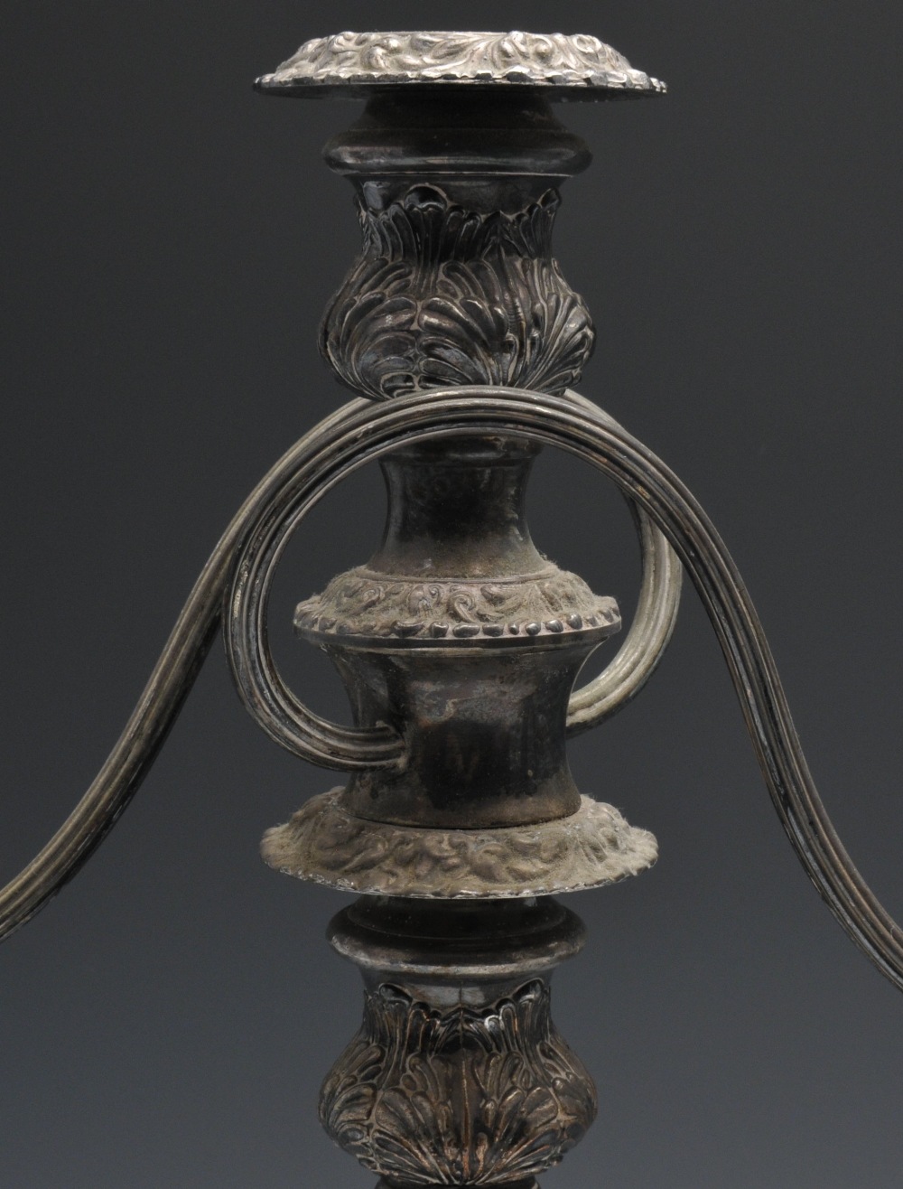 A pair of silver plated twin branch candelabra, each with a circular weighted base rising to a - Image 5 of 9