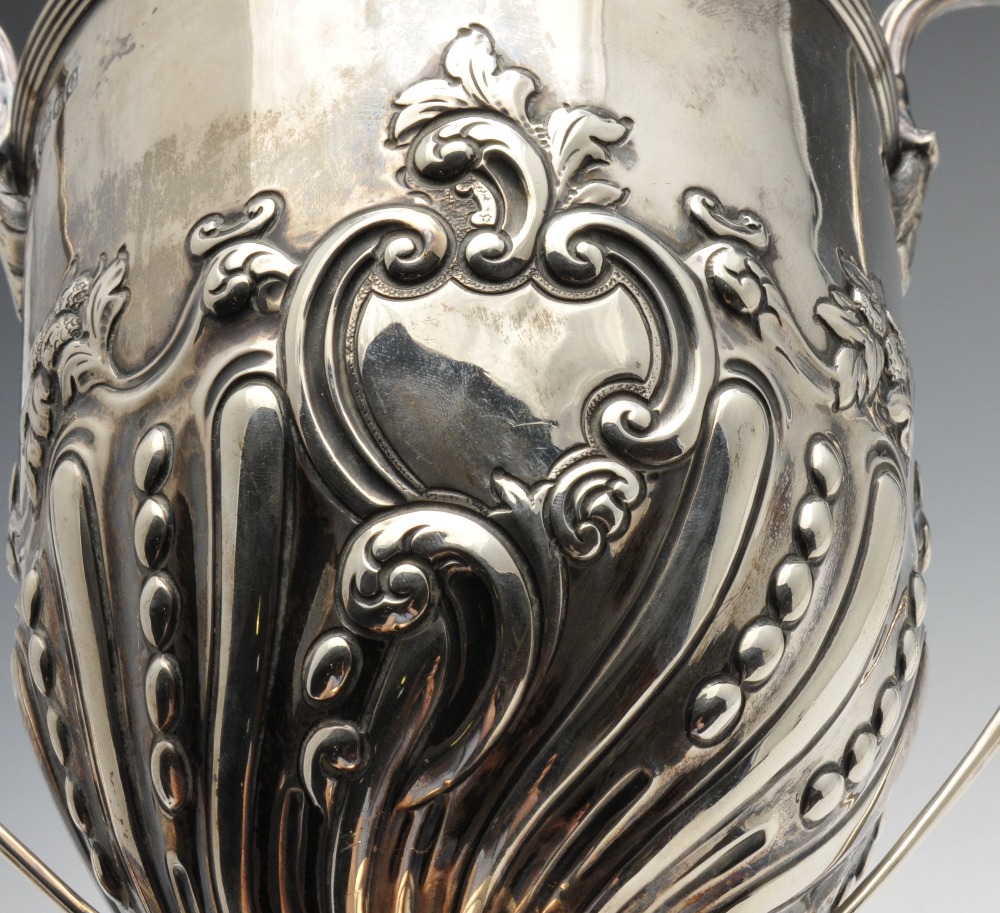 A late Victorian silver twin-handled trophy, lobed and beaded decoration to the lower body with - Image 4 of 6