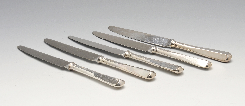 A set of modern silver handled Hanoverian pattern knives for twelve place settings with signed steel