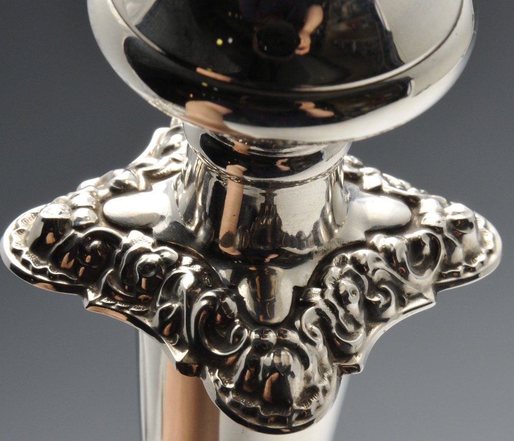 A modern pair of silver twin branch candelabra, each with shaped square base rising to a knopped, - Image 4 of 6