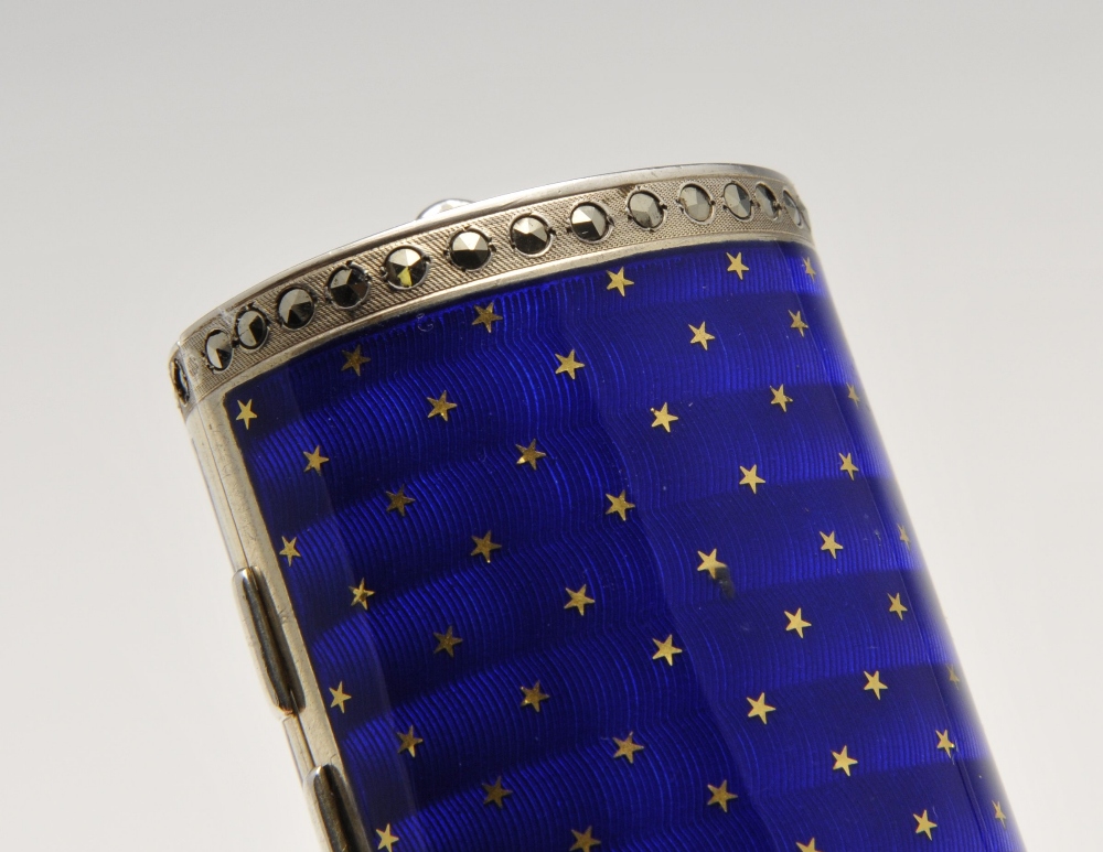 A 1920's Scottish import silver-gilt and enamel minaudiere, the hinged cylindrical body with blue - Image 7 of 7