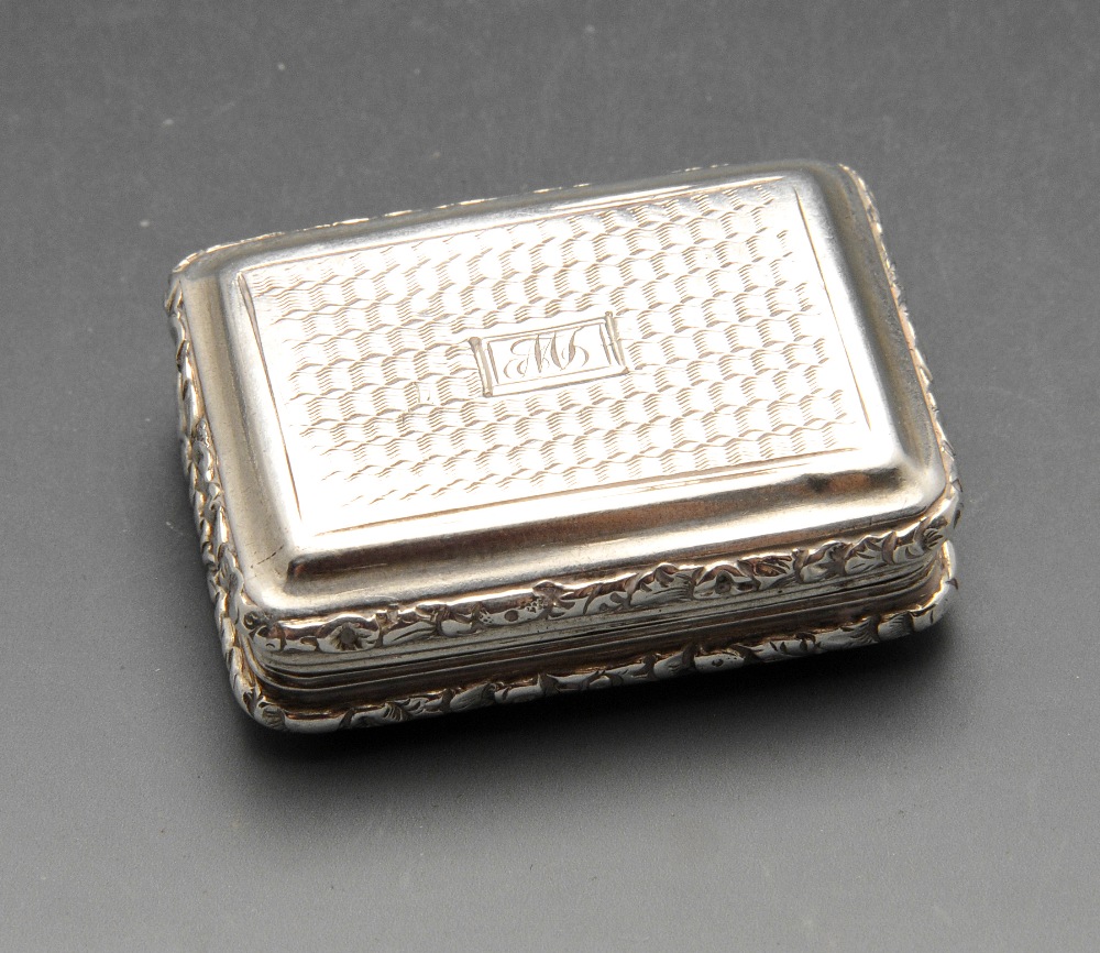A George IV silver vinaigrette, the oblong form with engine-turned decoration, initialled cartouche,