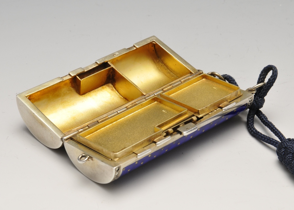 A 1920's Scottish import silver-gilt and enamel minaudiere, the hinged cylindrical body with blue - Image 6 of 7