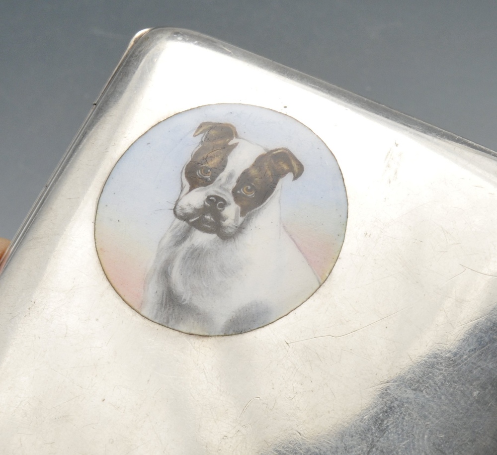 A German silver cigarette case, the plain oblong form inset with a circular enamelled cartouche - Image 2 of 4